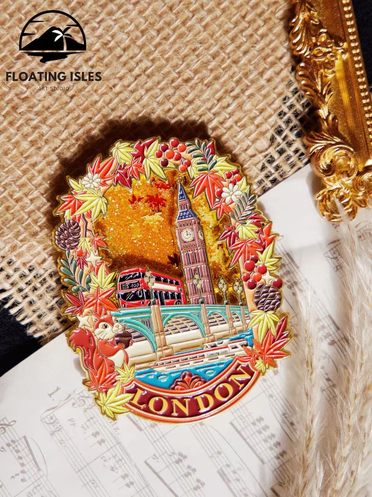 London Autumn – Big Ben Golden Leaves Flowing Sand Magnet